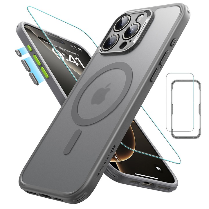 Комплект калъф + стъклен протектор ESR Classic Pro, За Apple iPhone 16 Pro Max, MagSafe, Сив