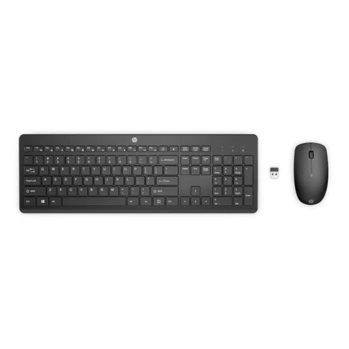 Kit wireless tastatura si mouse HP 230, Dongle USB 2, 4 GHz, Tastatura AZERTY, Mouse 1600 DPI, autonomie max. 16 luni (tas.)/12 luni (mou.), Negru