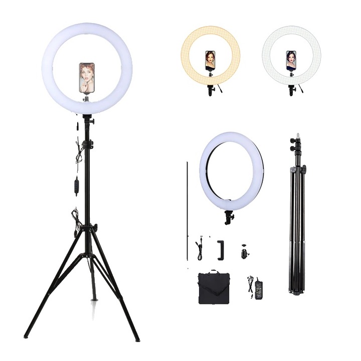 Lampa cu inel LED, 65W, 19 inch, bi-color 3200K-5500K, intensitate ajustabila