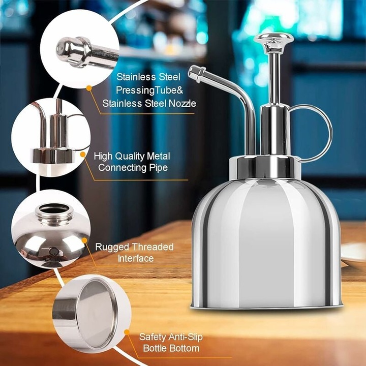 Herefun Метална лейка 300мл, Лейка в ретро стил от месинг, Лейка от неръждаема стомана, Пръскачка за поливане за стайни и външни растения, цветя, орхидеи, бонсай (Сребърен)