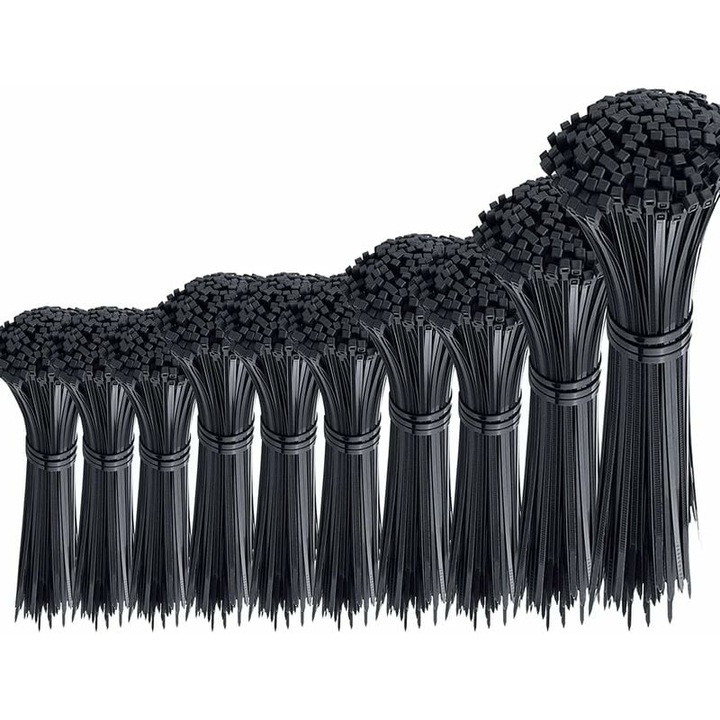 Set 1000Pcs Legatori Cablu Negru, 100/150/200/250/300Mm, 2.5/3.6Mm