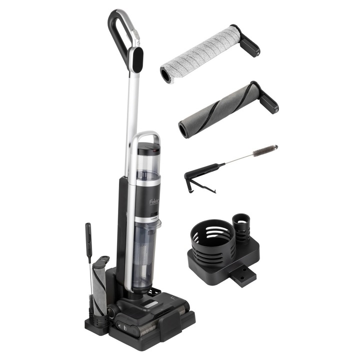 Aspirator cu spalare Fakir WD7 Pure Clean (Mop+Aspirator), 300W, Acumulatori 28.8V Li-Ion, 40 min autonomie, HEPA H10, Afisaj LCD, Perie electrica/mop, Auto-curatare, Alb