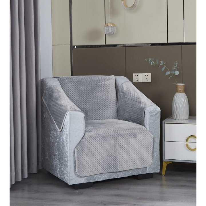 Husa fotoliu, Spod Igly i Nitki, Maya, catifea/velur, 65x170cm + 2 piese 56x45cm, Gri