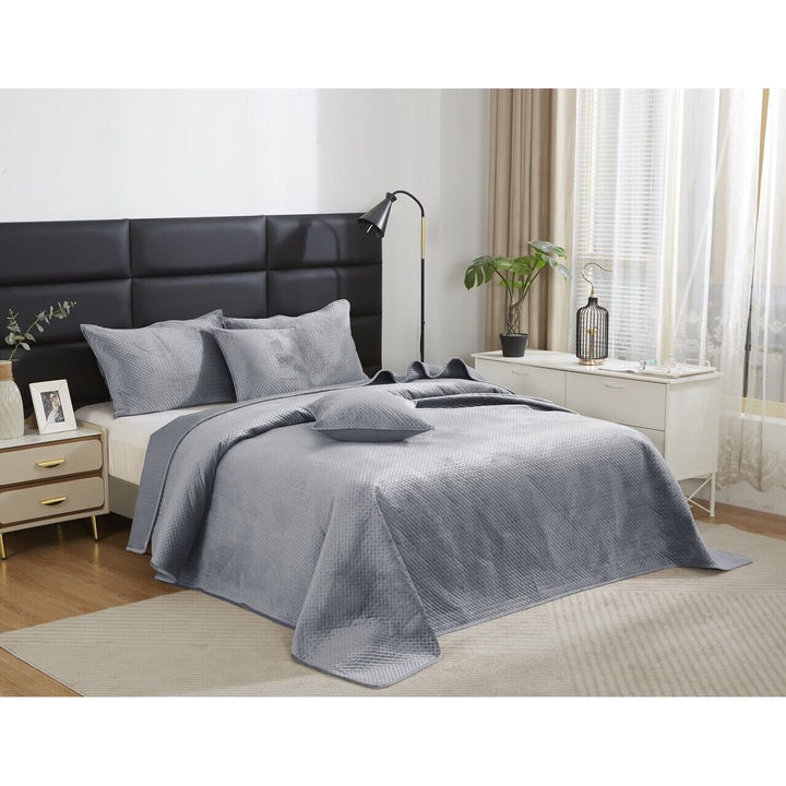 Cuvertura de pat, velur matlasat, gri, 240x260