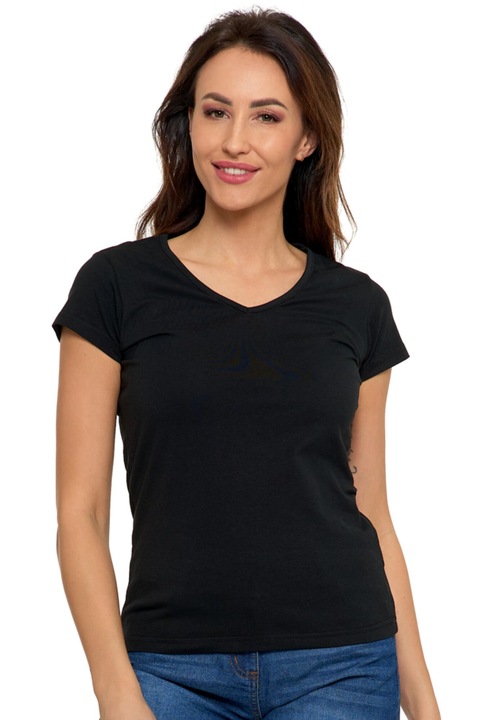 Női póló, Moraj, V-nyakú, rövid ujjú, pamut/elasztán, fekete
