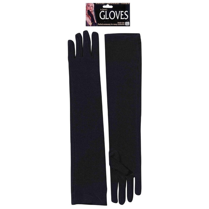 Fekete jelmezkesztyű, Forum Novelties, könyökig érő, nejlon, egy méret