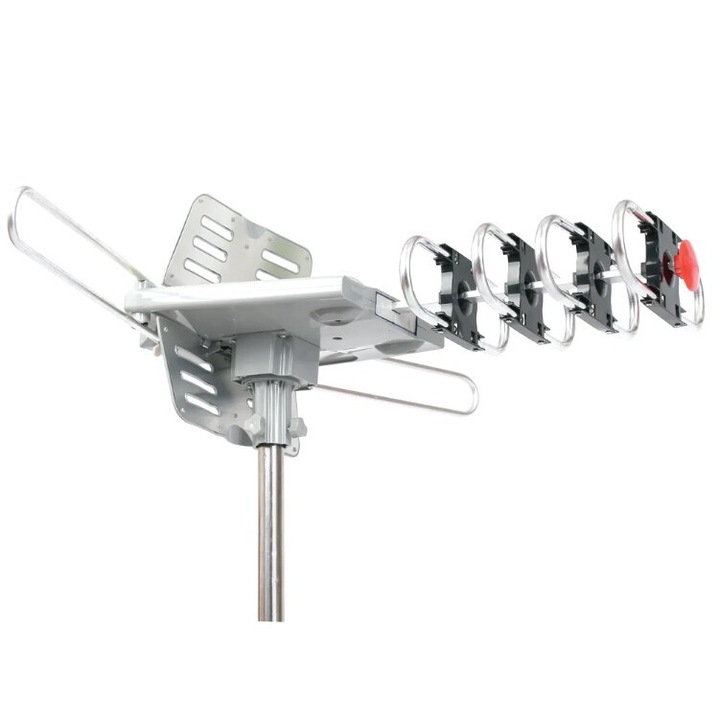 360 усилена въртяща се HDTV антена, свръхзвукова, 120 мили, 28 dB, 47-862 MHz, сребриста