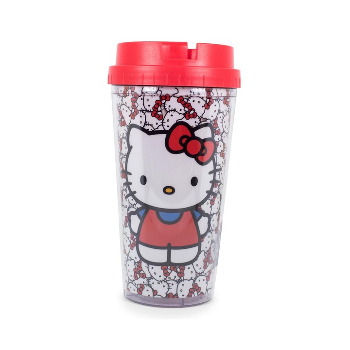 Двустенна пластмасова туристическа чаша Hello Kitty, многоцветна, 473 мл
