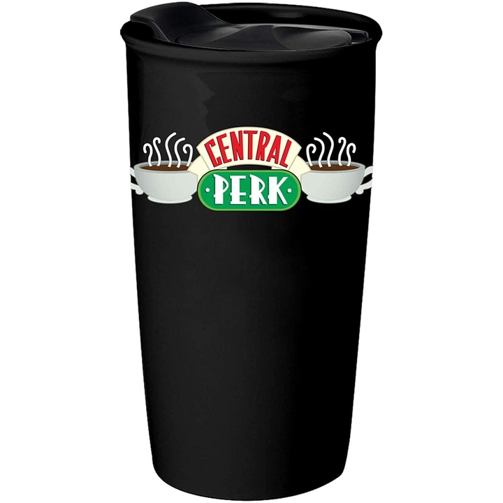 Керамична пътна чаша с лого Central Perk, Silver Buffalo, 10oz, капацитет 283g, черна