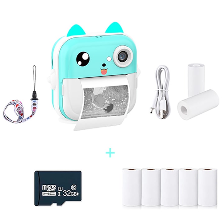 Детски фотоапарат NetScroll с моментален фотопринтер, 2 ролки + 5 безплатни ролки, USB кабел, Micro SD карта 32 GB