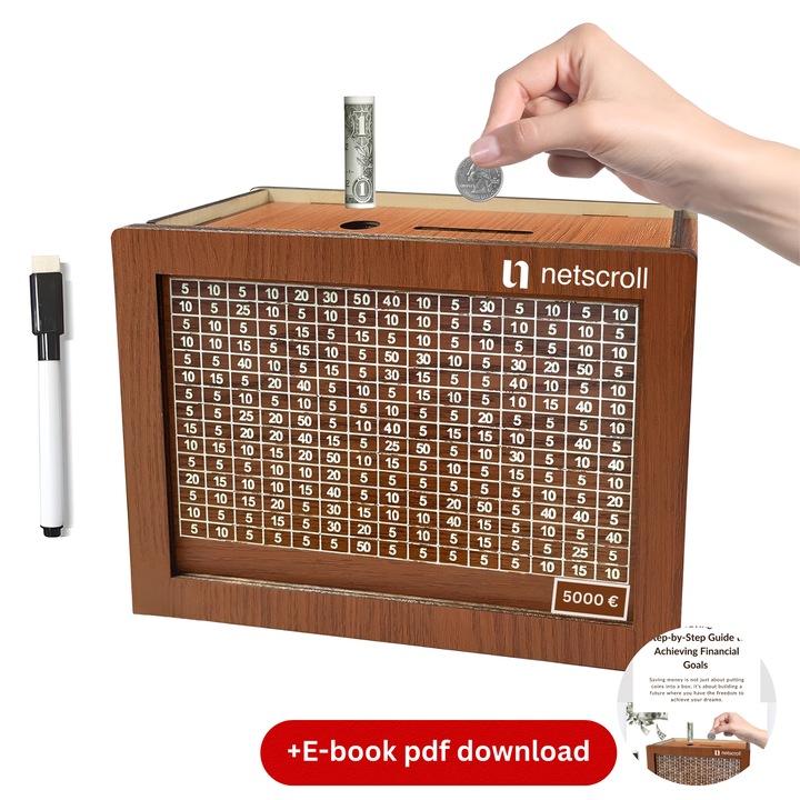 Cutie de economii NetScroll, design elegant, din lemn, 20x14.5cm, set cu marker