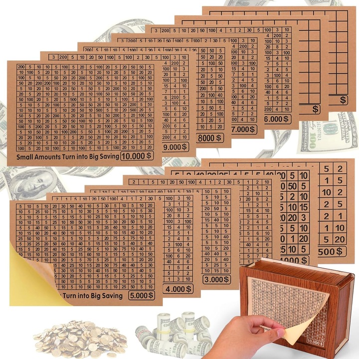 Set de 8 carduri de economisire, NetScroll, 6 sume diferite, personalizabile, multicolor, Sheets