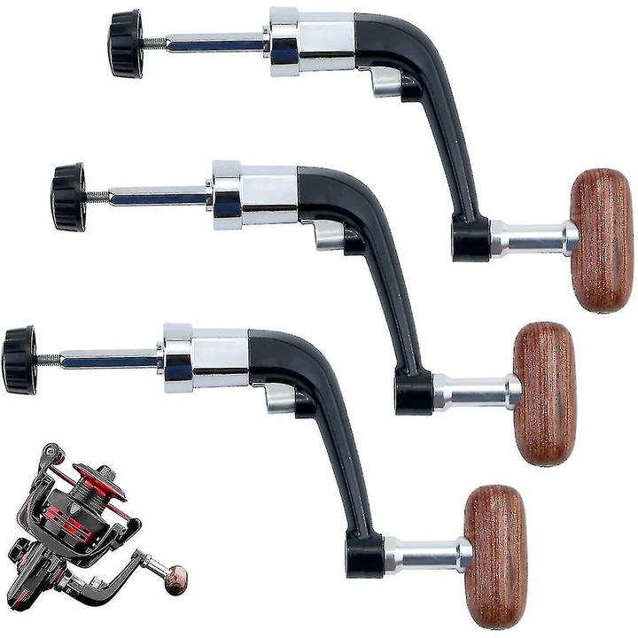Pachet de 3 manere pentru mulineta de pescuit din metal, inlocuire a manivelei mulinetei de pescuit cu maner rotativ din lemn