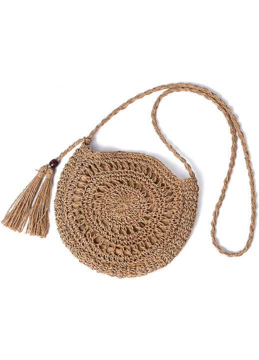 Плажна чанта, AMRINUGL, слама/полиестер, кръгла форма, 26x23см, презрамка 55см, кафява