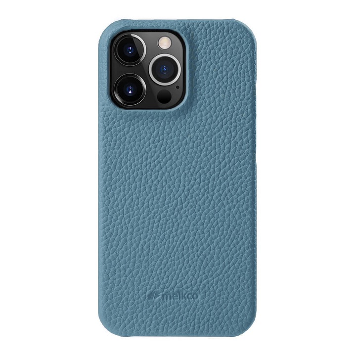 Husa Melkco Luxury din piele naturala pentru Iphone 14 Pro Max 6.7, Back Snap, Calitate Premium, Handmade, Albastru Deschis