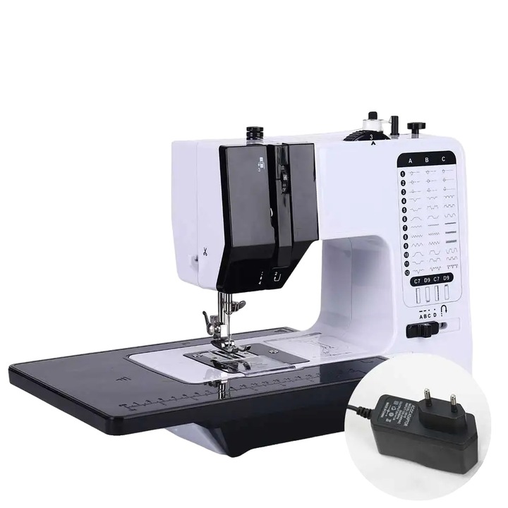 Masina de cusut, 40 moduri de cusatura, design compact si portabil, masina si masa EU, dimensiuni 34x22x28cm