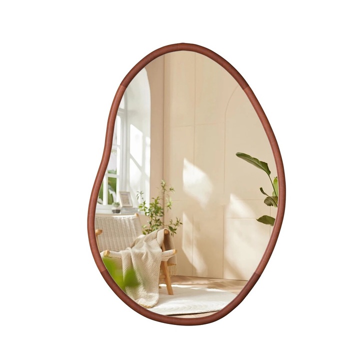 Aszimmetrikus fali tükör, Üveg, Bükkfa keret, 74,3x110cm, Barna