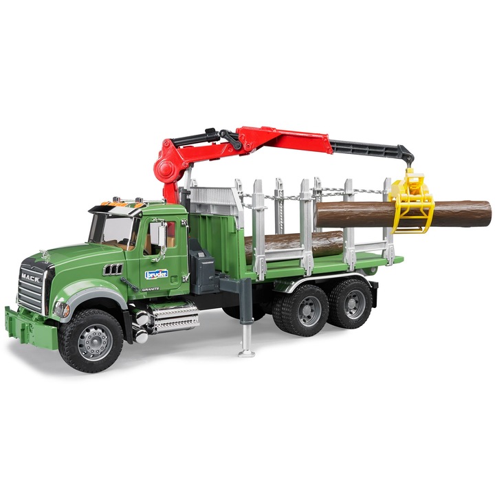 Камион за дърва Bruder - Mack Granite, С товарен кран, грайфер и 3 дървени трупи