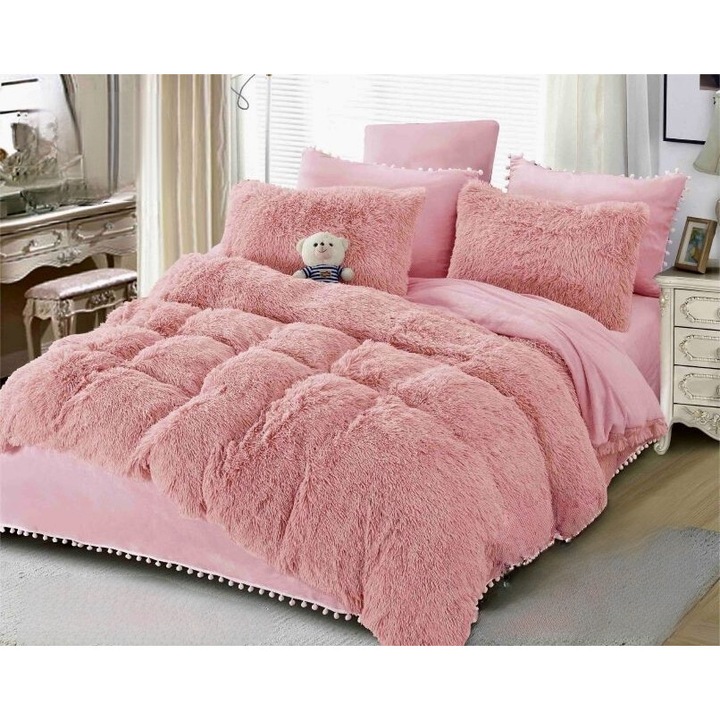 Спално бельо, Jojo Home, Fluffy, 2 лица, 6 части, Едноцветно, 230x250см, Розово