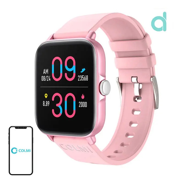 Smartwatch P28 Plus, roz, 1,69", IP67, 28 moduri sport, set cu cablu USB