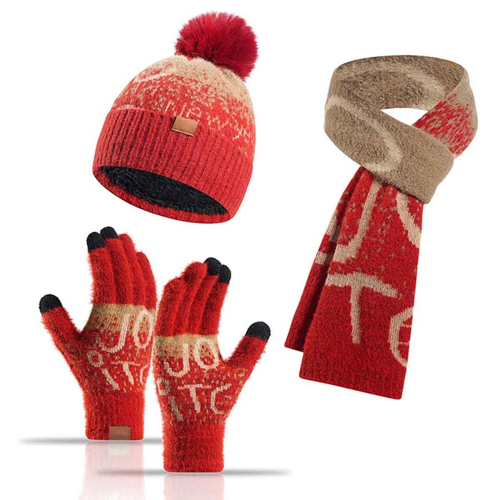 Set de iarna: Caciula tricotata, fular si manusi cu touchscreen, multicolor