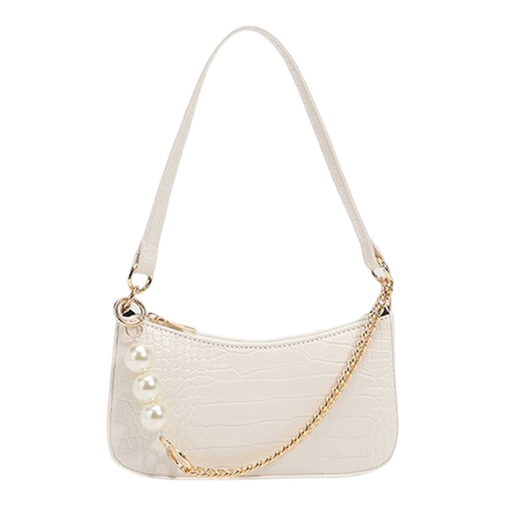 Винтидж чанта за през рамо с цип, декорирана с изкуствени перли, изкуствена кожа, бяла, универсален размер