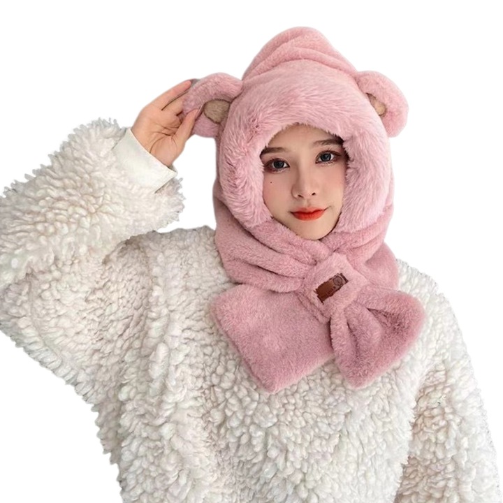 Set 3-in-1 Caciula, Fular si Manusi din Plus, Culoare Roz, Unisex