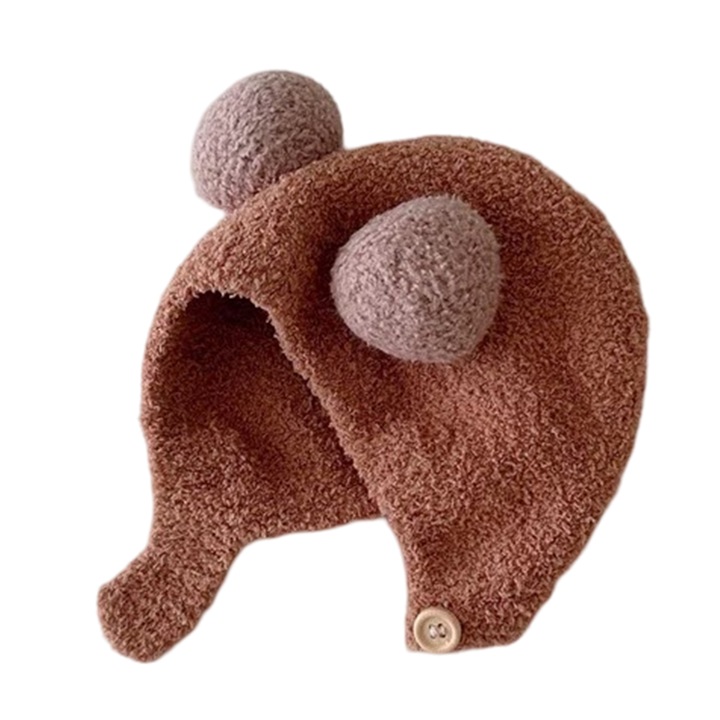 Caciula de iarna cu urechi de urs pentru copii, AMRINUGL, acril, caramel, 42-48 cm