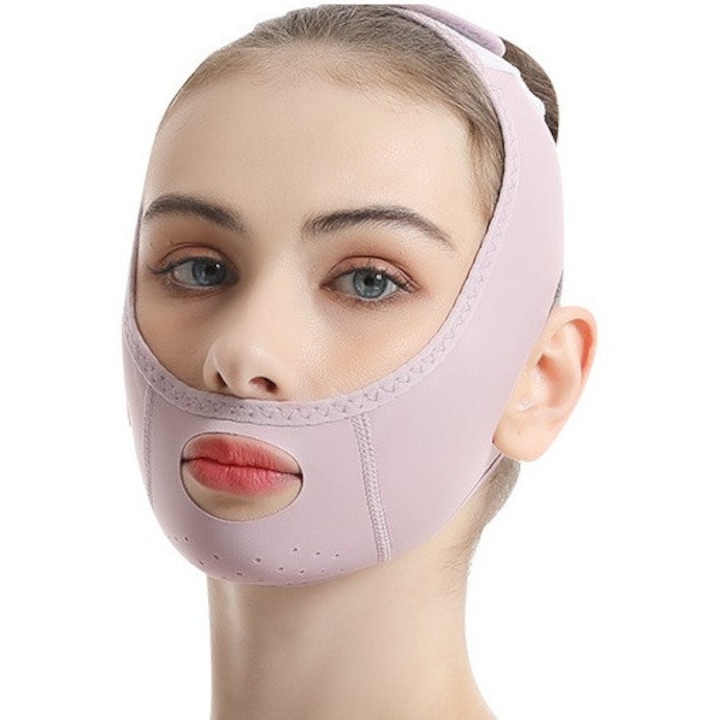 Masca lifting facial ESensio V-Line FL02 reutilizabila, conturare fata si barbie, reducere santuri nasonabiale, material lycra elastic si respirabil, crestere fermitate piele, roz