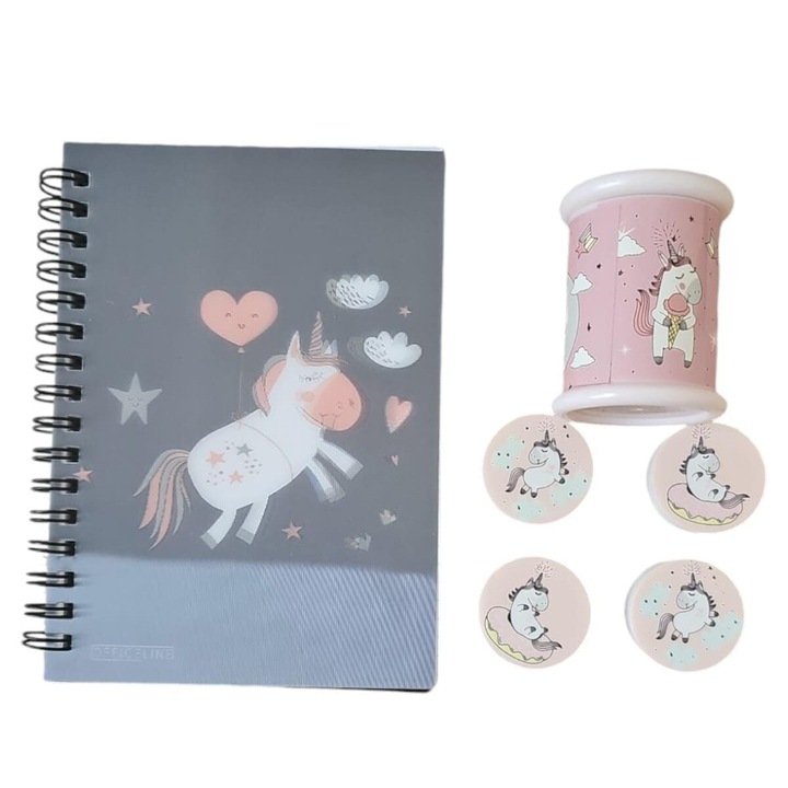 Set Unicorn, Bloc Notes cu spirala15 x 10.5 cm, matematica + 4 radiere Unicorn + Ascutitoare dubla Unicorn