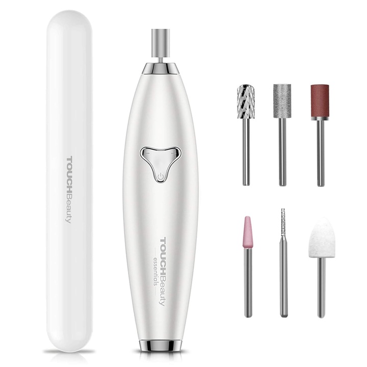 Pila electrica unghii TOUCHBeauty, freza profesionala 6 in 1, manichiura si pedichiura, reincarcabila, 3500 RPM, cutie depozitare, alb