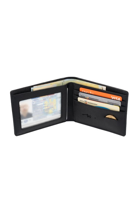 Минималистичен Smart Slim портфейл от естествена сафианова кожа за румънска банкнота, джоб за монети, текстурирано черно