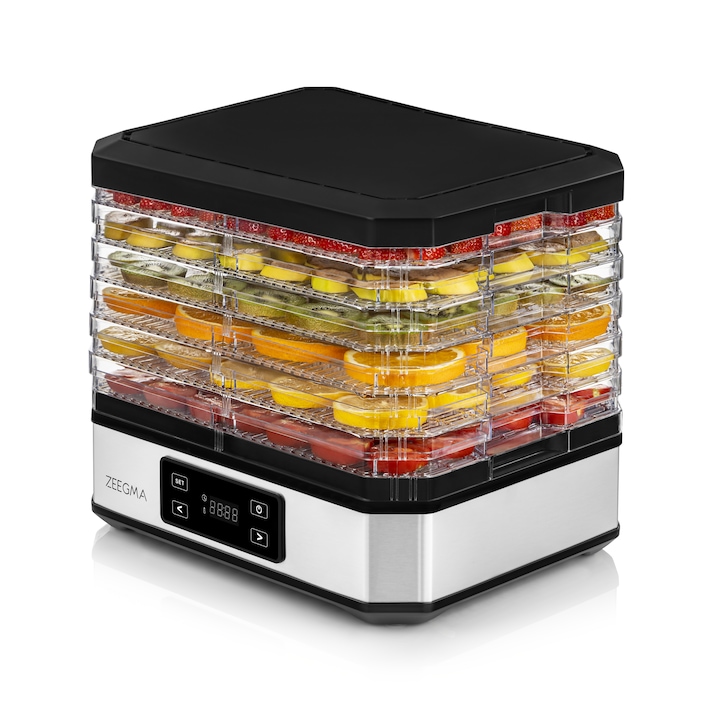 Uscator de alimente Zeegma Dry Chef, putere 500 W, pastreaza 97% din nutrienti, ideal pentru fructe, legume, ciuperci si ierburi, 6 site detasabile, control temperatura 35-70°C, cronometru pana la 72 ore, protectie impotriva supraincalzirii