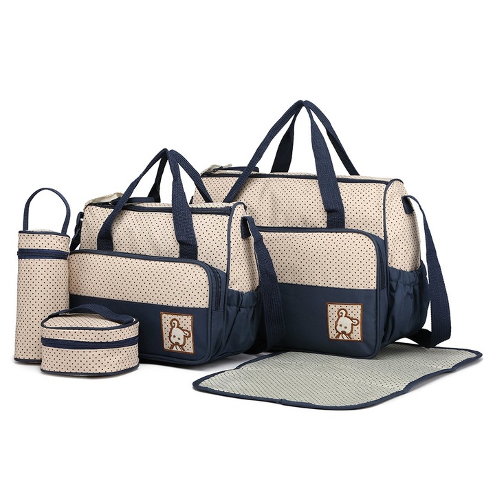 Set 5 piese genti pentru bebelusi HERUSI, impermeabil, albastru inchis, 38.5x14x27cm