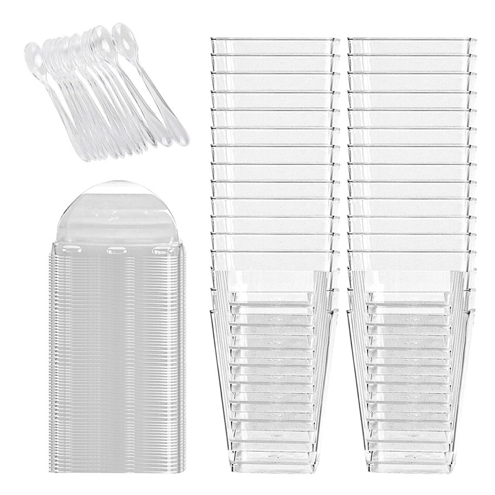 Комплект от 50 десертни чаши за многократна употреба с капак и лъжица, пластмасови, прозрачни