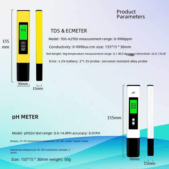 TDS vízminőség-ellenőrző toll, sárga, pH-mérővel szett