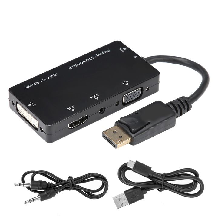4 в 1 адаптерен кабел, Cozevdnt, пластмаса, Displayport към HDMI / VGA / DVI / аудио, черен