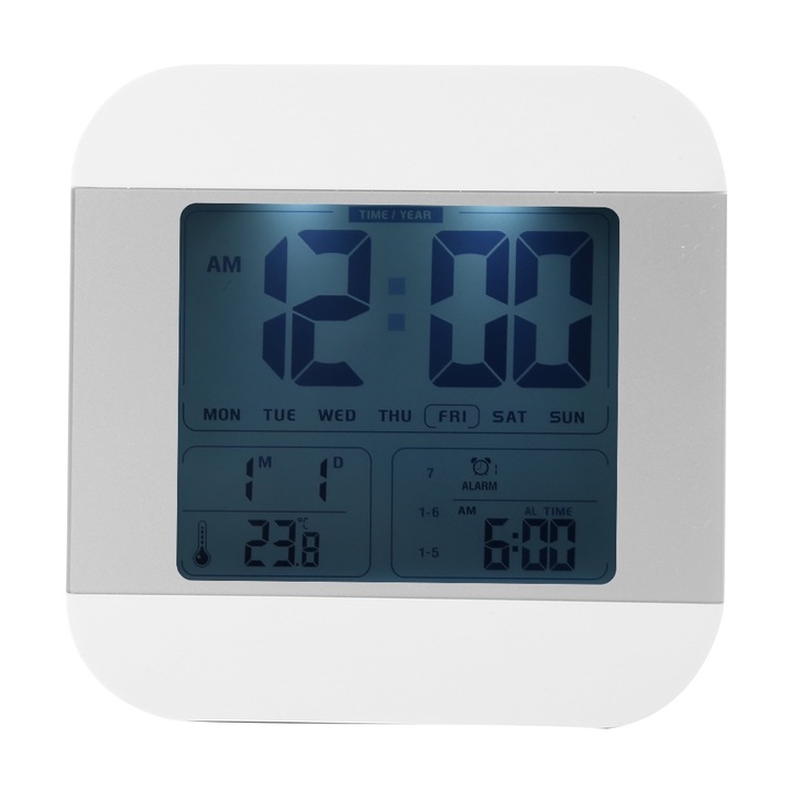 Jormftte digitális ébresztőóra LCD kijelzővel, 3 riasztással, szundi funkcióval, éjszakai világítással, fehér