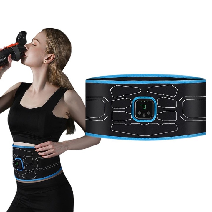 Centura de slabit EMS, 6 moduri, 9 niveluri de intensitate, 2m, fara gel, incarcare USB, negru/albastru