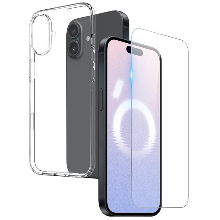 Set Carcasa Transparenta si Protector de Sticla pentru iPhone 16, Transparent