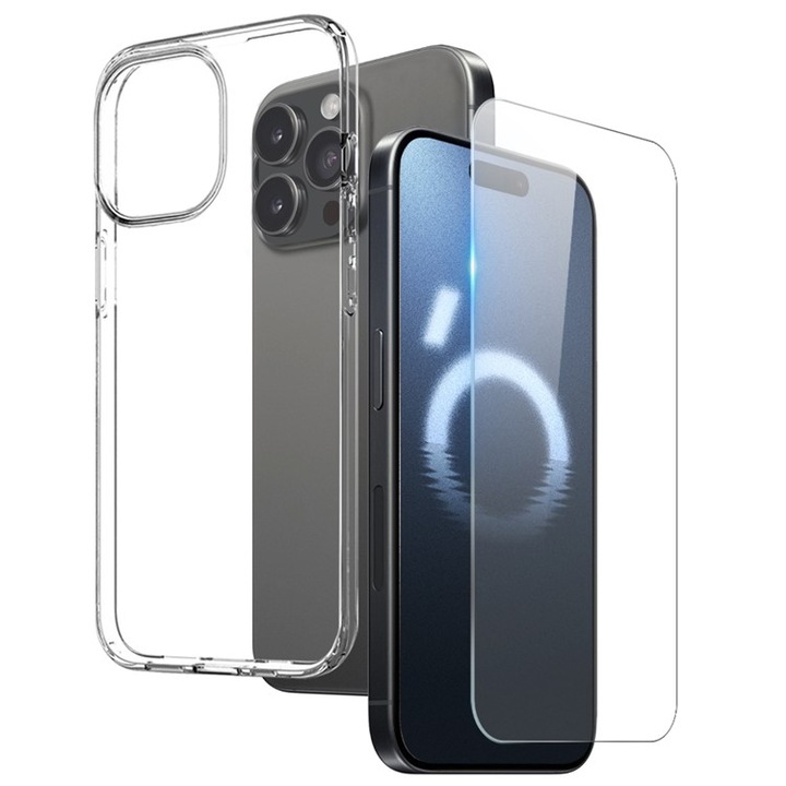 Set Carcasa Transparenta si Protector de Sticla pentru iPhone 16 Pro, Transparent