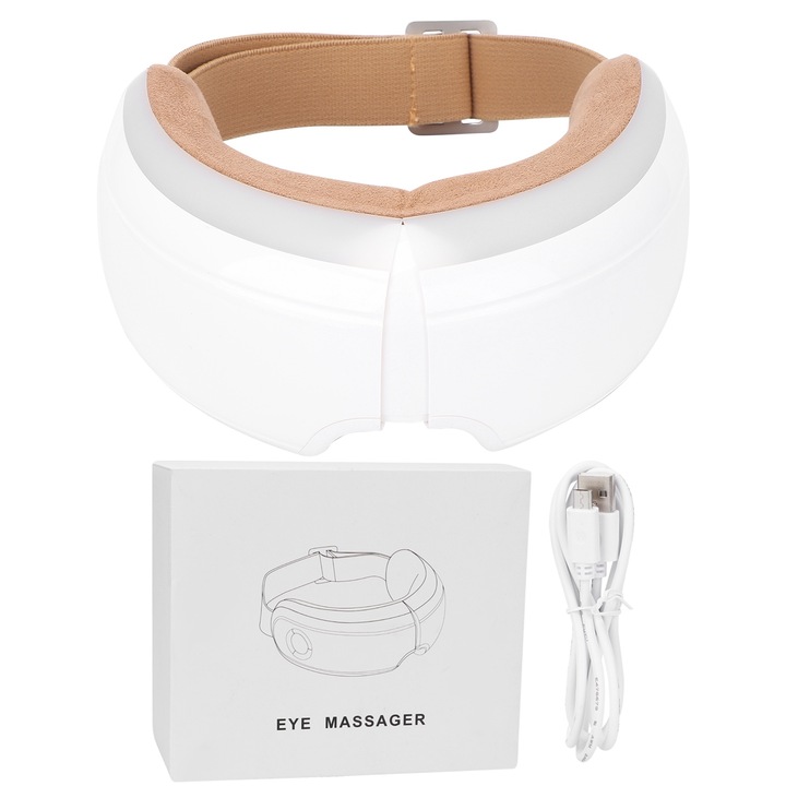 Bizaical масажор за очи, сгъваем, отопление, Bluetooth музика, 1100mAh, 5 режима на масаж, бял цвят