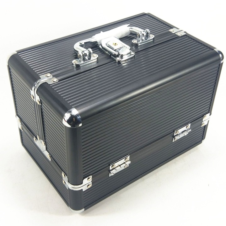 Куфар за козметика, голям капацитет, 25x17x17 см, многослоен дизайн, черен на райета