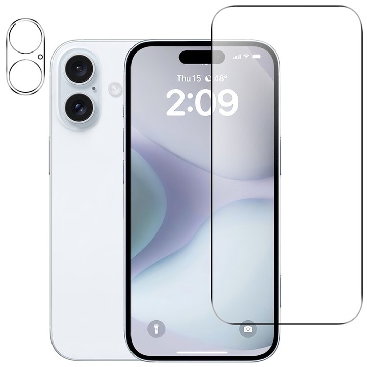 Комплект Стъклен протектор за дисплея и Протектор на камерите за iPhone 16, Прозрачен