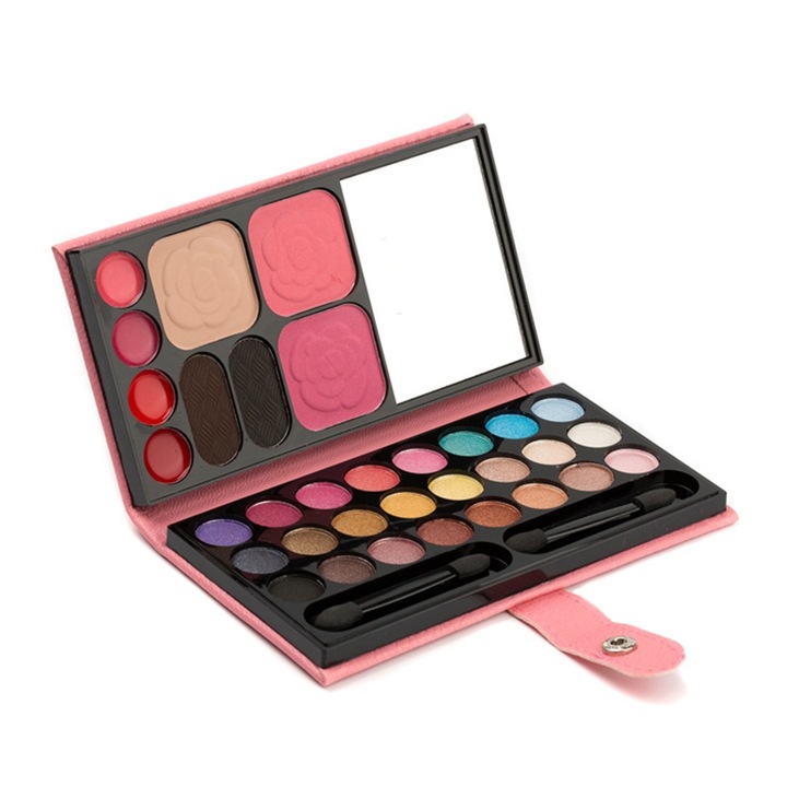Szemhéjfesték paletta szett, 33 színű, rúzzsal, púderrel és pirosítóval, többszínű, tükörrel