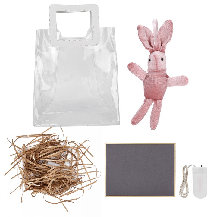 Прозрачна подаръчна торбичка, дръжки от PU кожа, комплект аксесоари, 30x45см, златисто