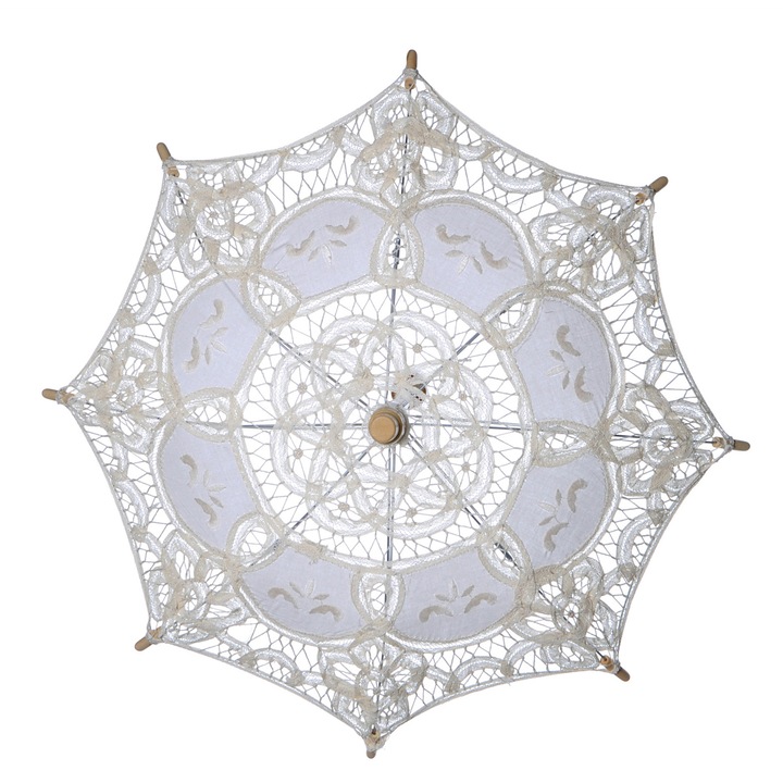 Дантелен чадър за сватба, дълъг зиминг, елегантен, 8 спици, цвят слонова кост