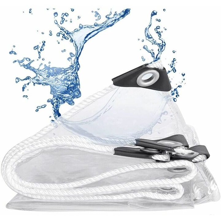 Átlátszó vízálló ponyva, PVC bevonatú, szakadásálló, esőálló, szélálló, fűzőlyukakkal, védőburkolat teraszra, kertbe, kültéri kempingezéshez, vastagság 0,5 mm, 2×3 m