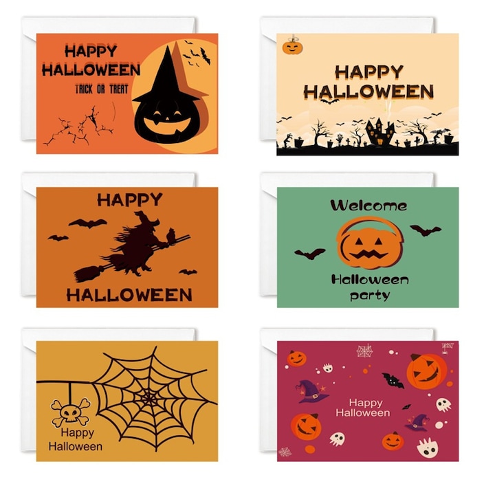 6 db Halloween üdvözlőlap készlet, szellemek, denevérek, tökök design, karton, 10x15cm