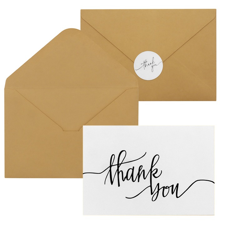 Set 24 felicitari de multumire cu plicuri din hartie kraft, maro, 11x16cm